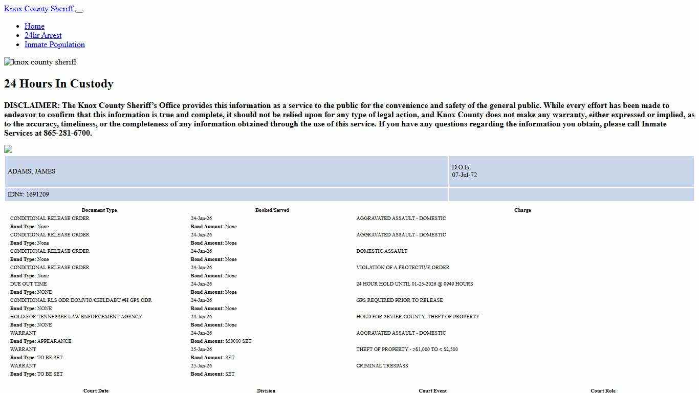 Knox County Tennessee - Sheriff - 24 Hour Arrests
